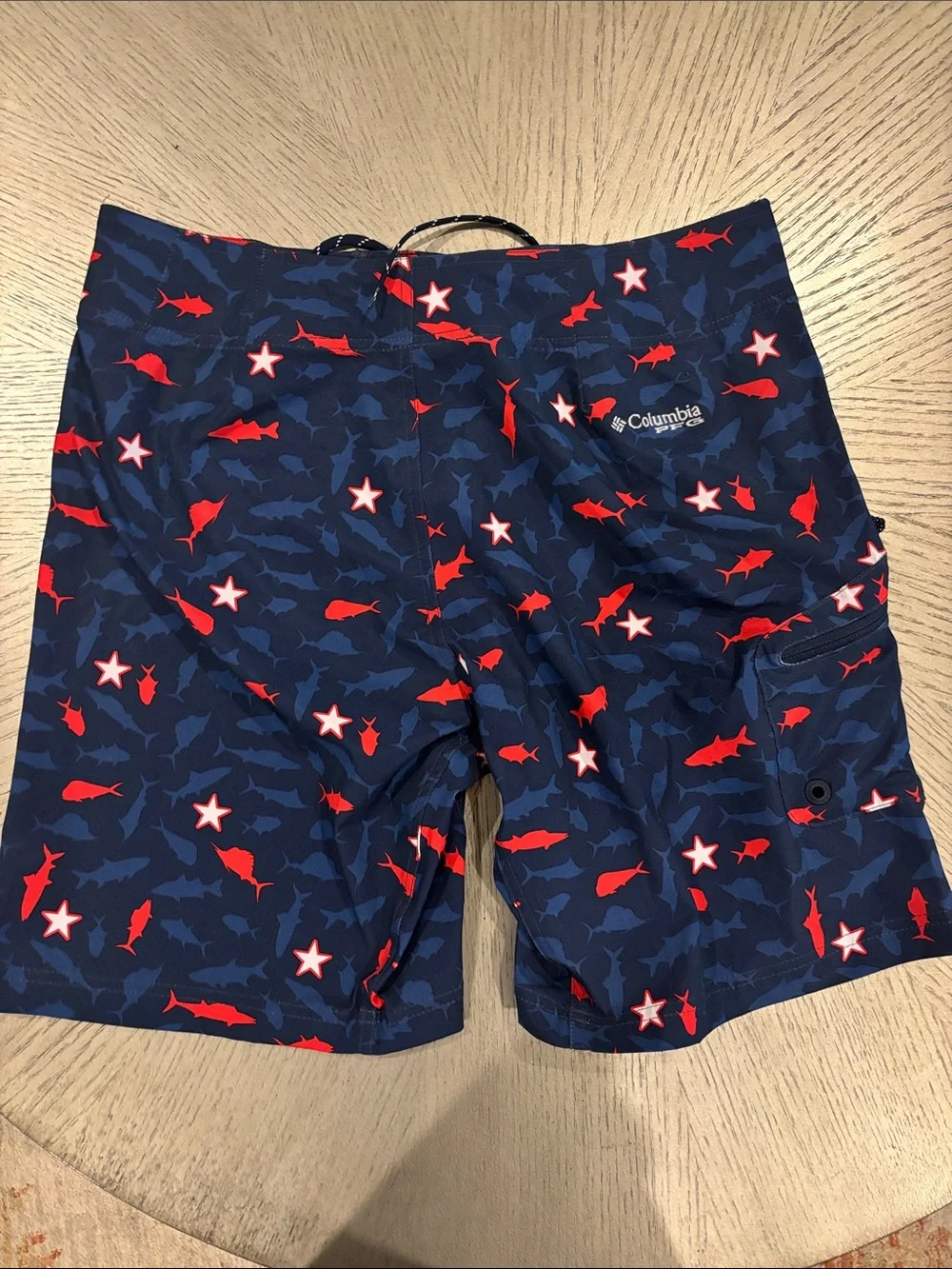 Columbia Men's Navy and Red Shark Print Board Shorts built in Bottle opener